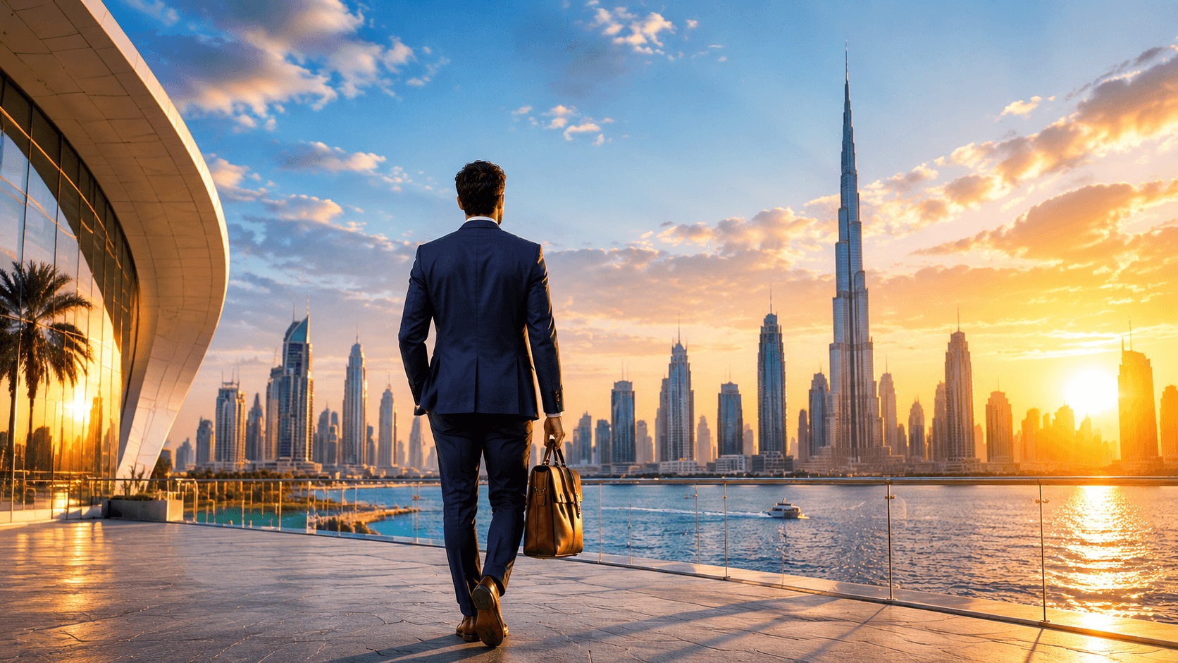 Business professional facing Dubai’s skyline, illustrating adaptation, trust and professional reinvention.