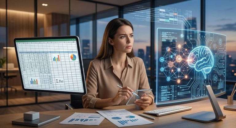AI-generated illustration of a business professional reviewing spreadsheets alongside an AI interface