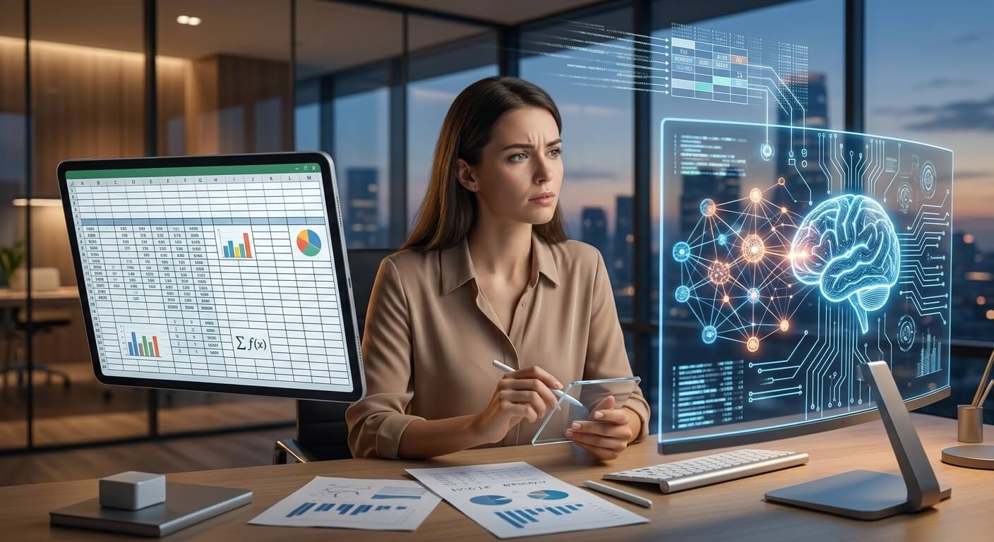 AI-generated illustration of a business professional reviewing spreadsheets alongside an AI interface