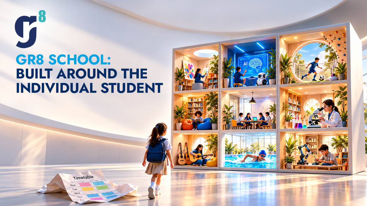 GR8 School concept illustration showing personalised learning, AI, science, music and sport.