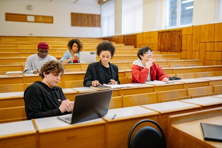 University students using laptops in a lecture hall