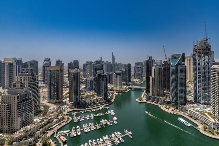 Residential towers overlooking the Dubai Marina waterway in Dubai, UAE